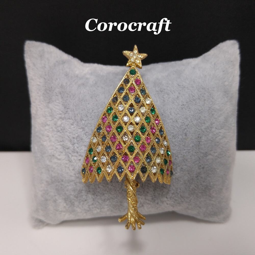 Vintage Corocraft Christmas Tree Brooch Gold Rhinestones 1950 Collectible Signed